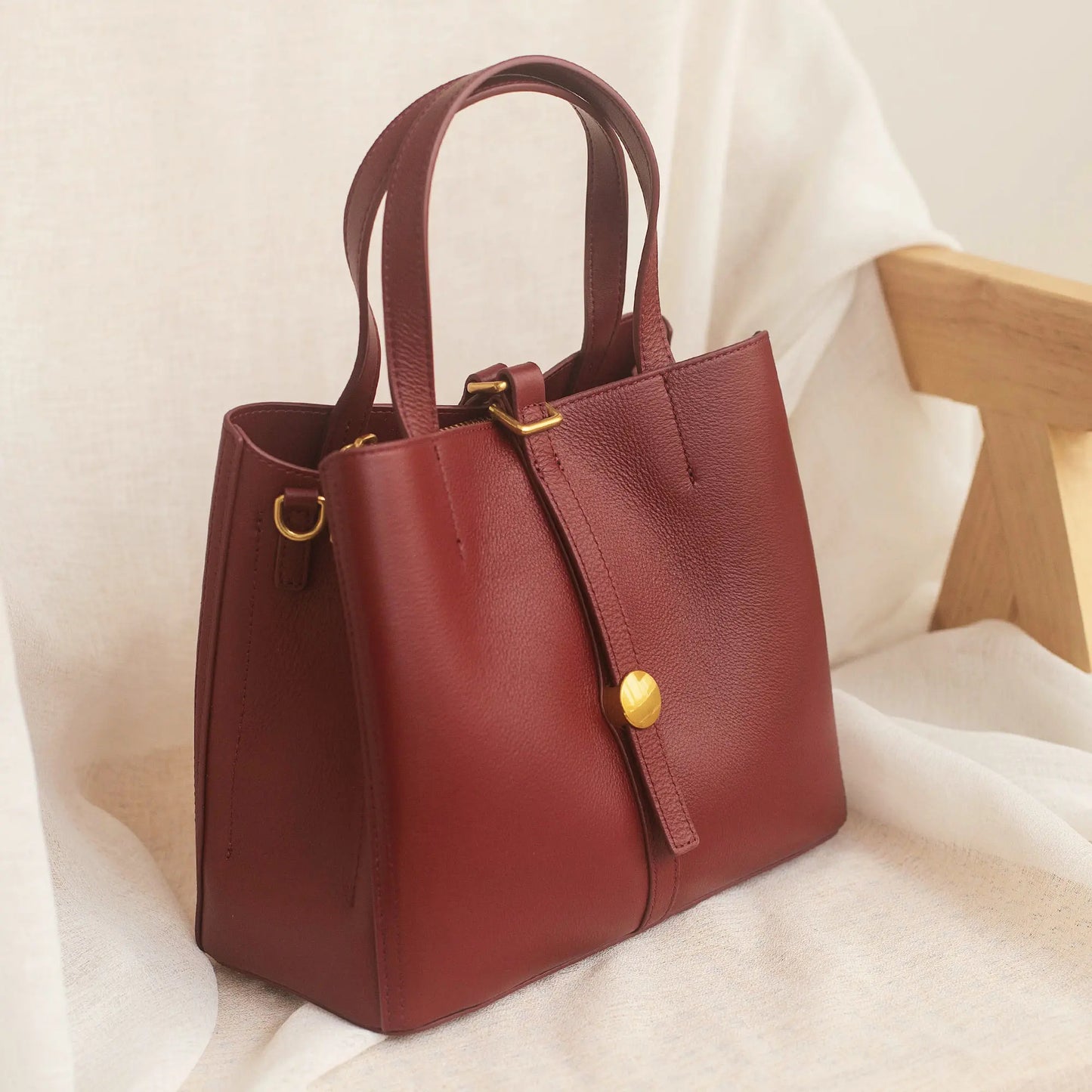 Elegant Wearing Burgundy Color Multi-compartments Tote Natural Cow Leather Women Shoulder Bag Soft Cowskin Female Handbag