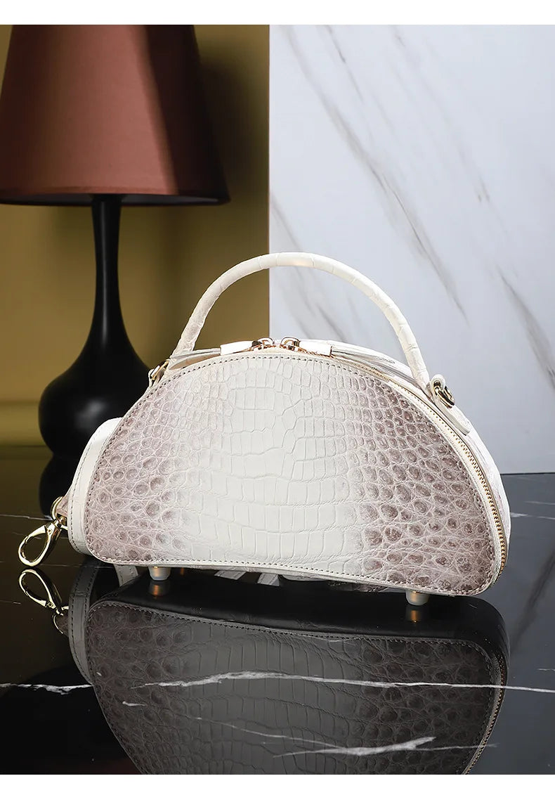 2024 Luxury Crocodile Leather Himalayan White Crossbody Bag For Women's Genuine Leather Half Round Saddle Bag Fashion Handbag 45