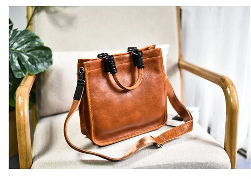 Vintage literary luxury natural genuine leather women's red handbag simple ladies weekend daily party real cowhide shoulder bag