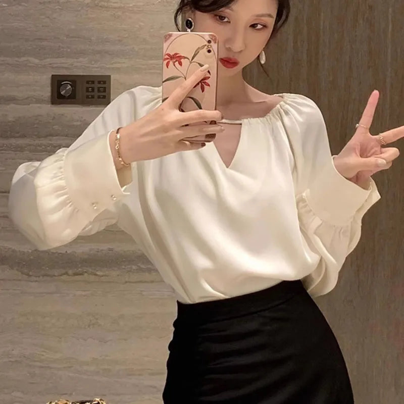 Women Clothing Fashion Casual Out Chiffon Top Spring Autumn Elegant Chic Long Sleeve Blouse Office Lady Solid Loose Pullover