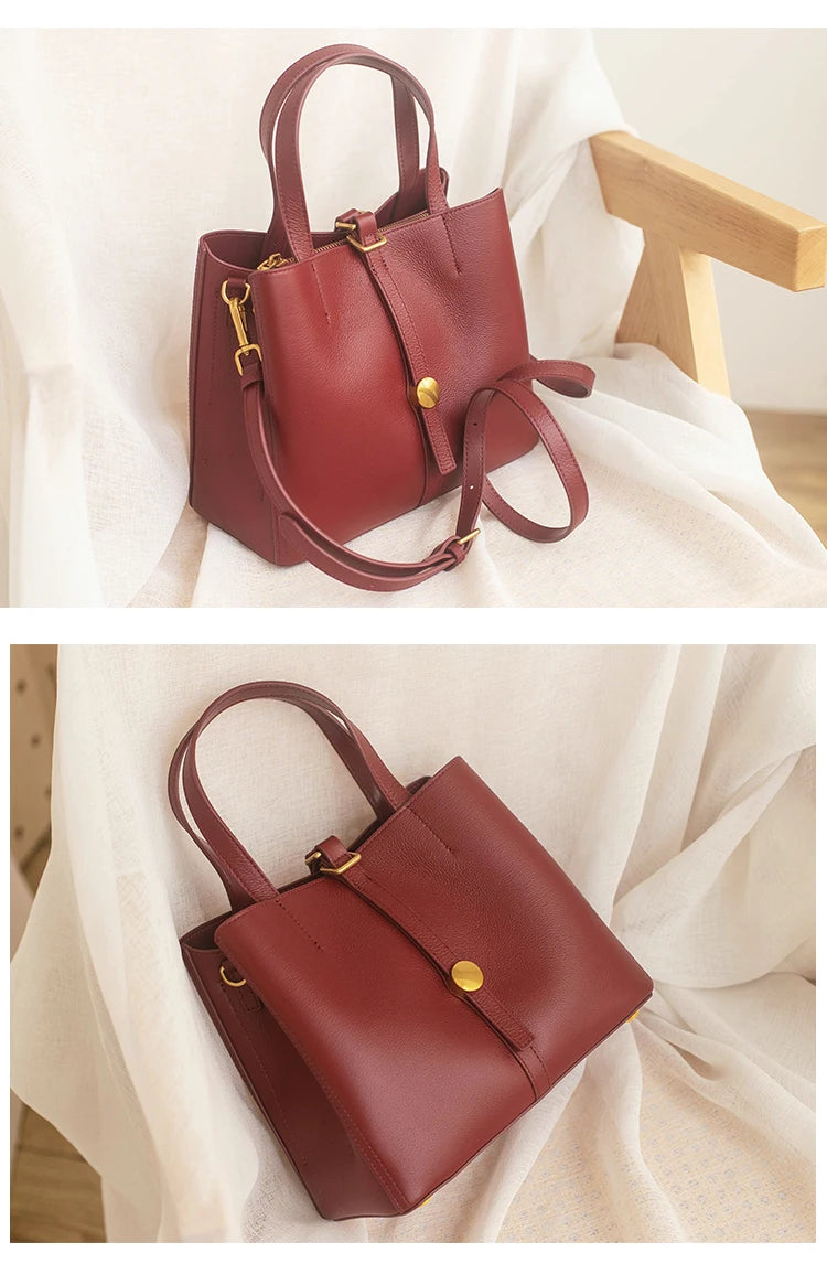 Elegant Wearing Burgundy Color Multi-compartments Tote Natural Cow Leather Women Shoulder Bag Soft Cowskin Female Handbag