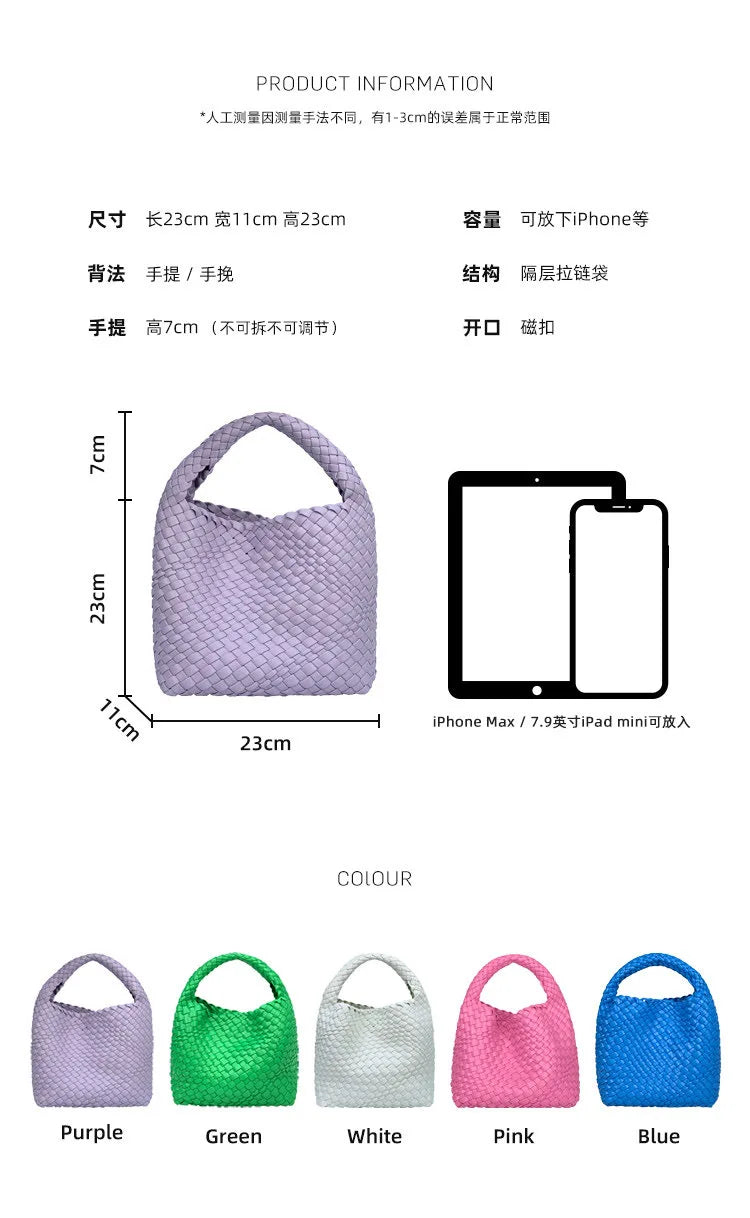 2023 Summer Leather Woven Tote Bag Brand Design Women Handbags Luxury Soft Pu Leather Tote Bag Pink Green Shopper Purses