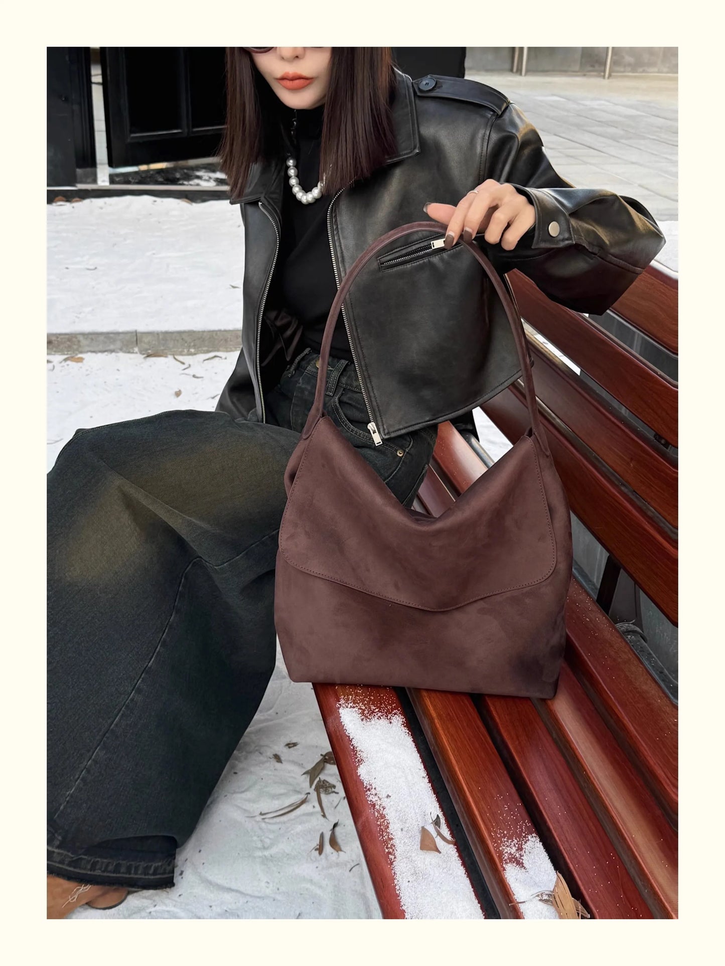 Winter Glossy Smooth Velvet Suede Cow Leather Cover Tote Bag Large Coffee Camel Color Women Armpit Shoulder Bag Chamois Handbag