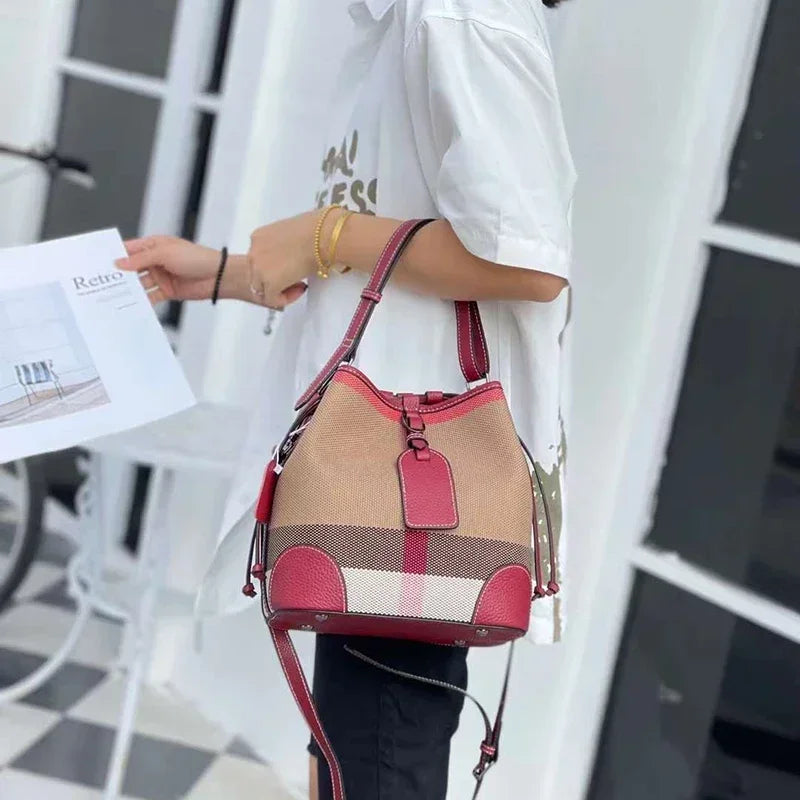 Luxury Plaid Canvas Leather Women‘S Bag Fashion Large Capacity Business Lady Bucket Shoulder Bag Female Drawstring Handbag