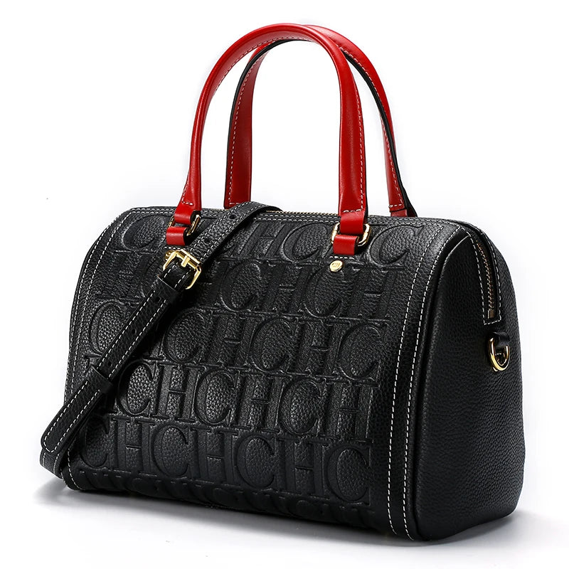 CHCH Women's Shoulder Bag 2024 New Black Cow Leather Letter Embossed Zipper Tote Bag 26*14.5*18cm