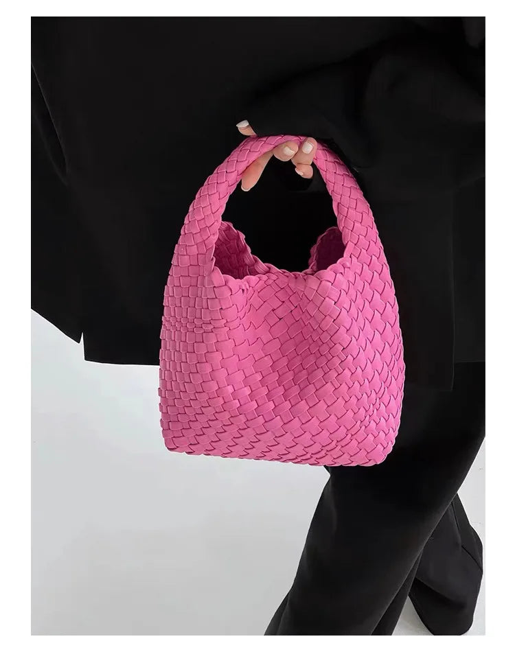 2023 Summer Leather Woven Tote Bag Brand Design Women Handbags Luxury Soft Pu Leather Tote Bag Pink Green Shopper Purses