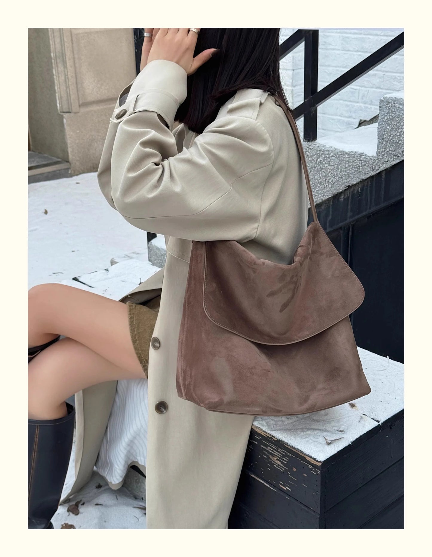 Winter Glossy Smooth Velvet Suede Cow Leather Cover Tote Bag Large Coffee Camel Color Women Armpit Shoulder Bag Chamois Handbag