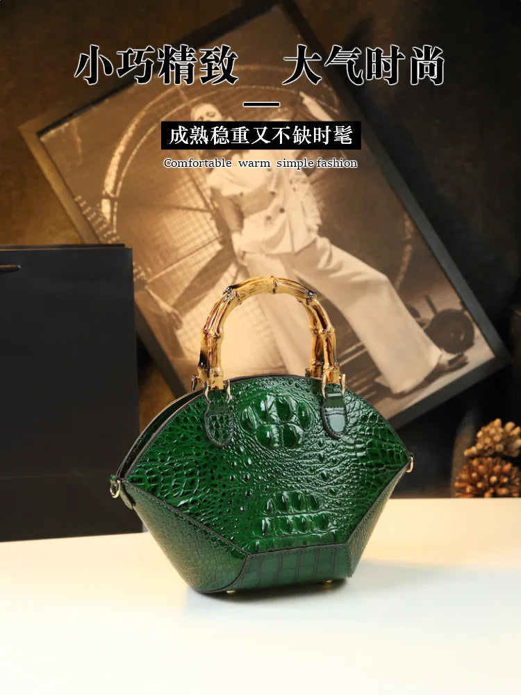 Woman Wedding Party Handbag Niche Luxury Bamboo Handle Bag Crocodile Pattern Woman Bag Fashionable Shoulder Lady Shell Bag 2023