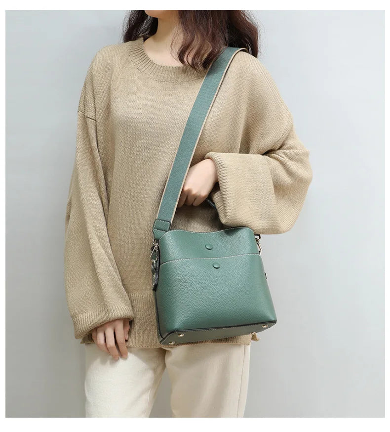 Luxury Handbags Women Crossbody Messenger Bag Genuine Leather Two Straps 2022 New Fashion Bucket Shoulder Bag