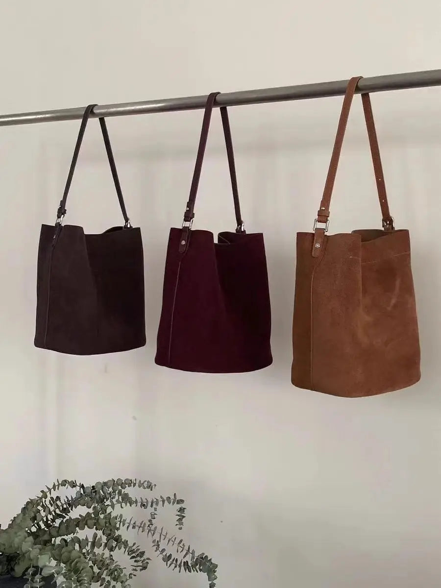 Maillard Design Simple Luxury Coffee Wine Red Bucket Tote Winter Thick Matte Suede Cow Leather Women Crossbodby Shoulder Bag