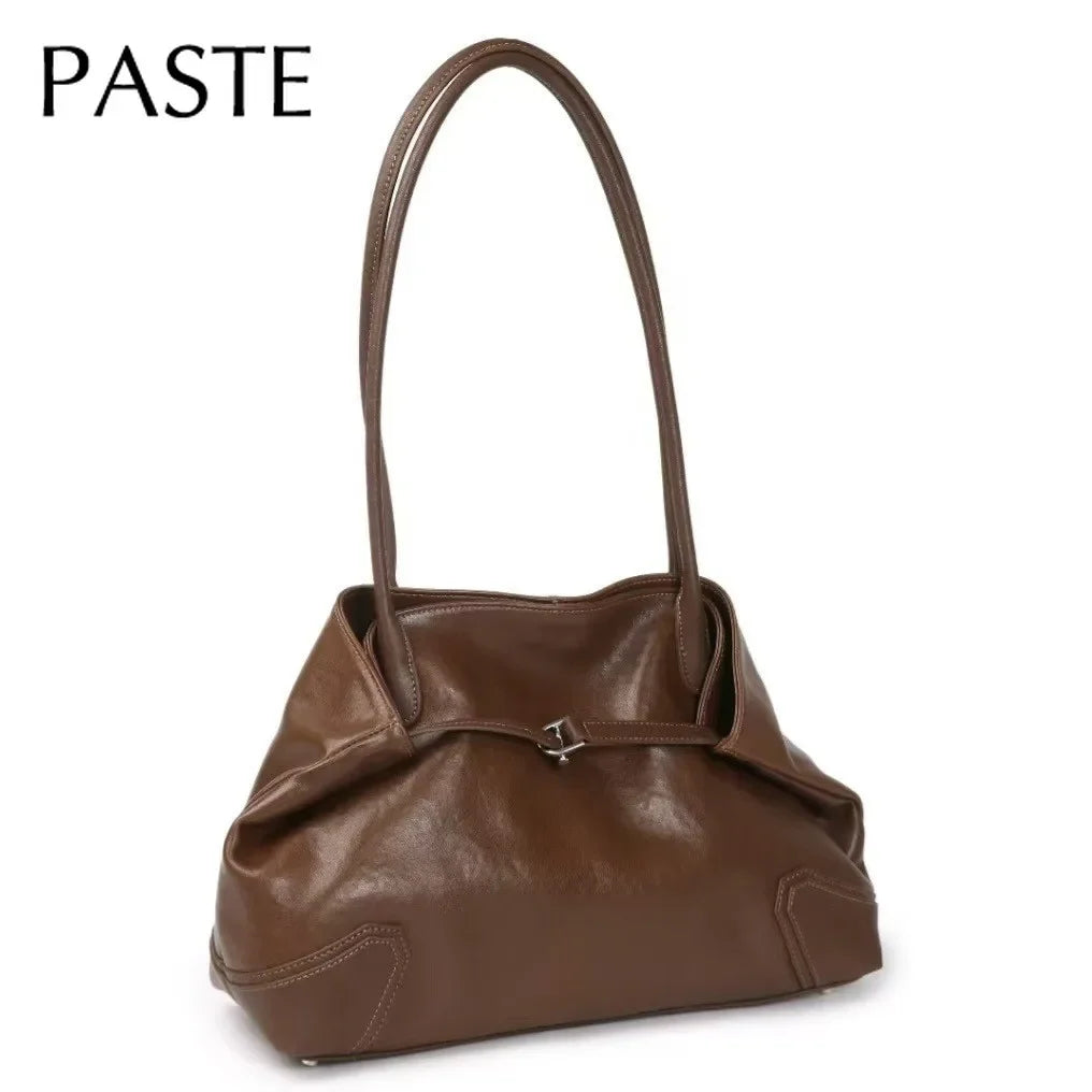 First Layer Cow Leather Female Tote Beige Coffee Luxury Design Long-handle Handbag Practical and Durable Armpit Shoulder Bag