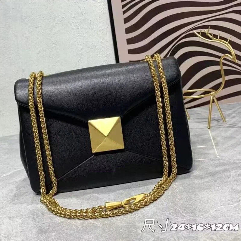 Women's Luxury Designer Handbag Top Quality Genuine Leather Large Rivet Crossbody Shoulder Bag Fashion Chain Square Bag Female