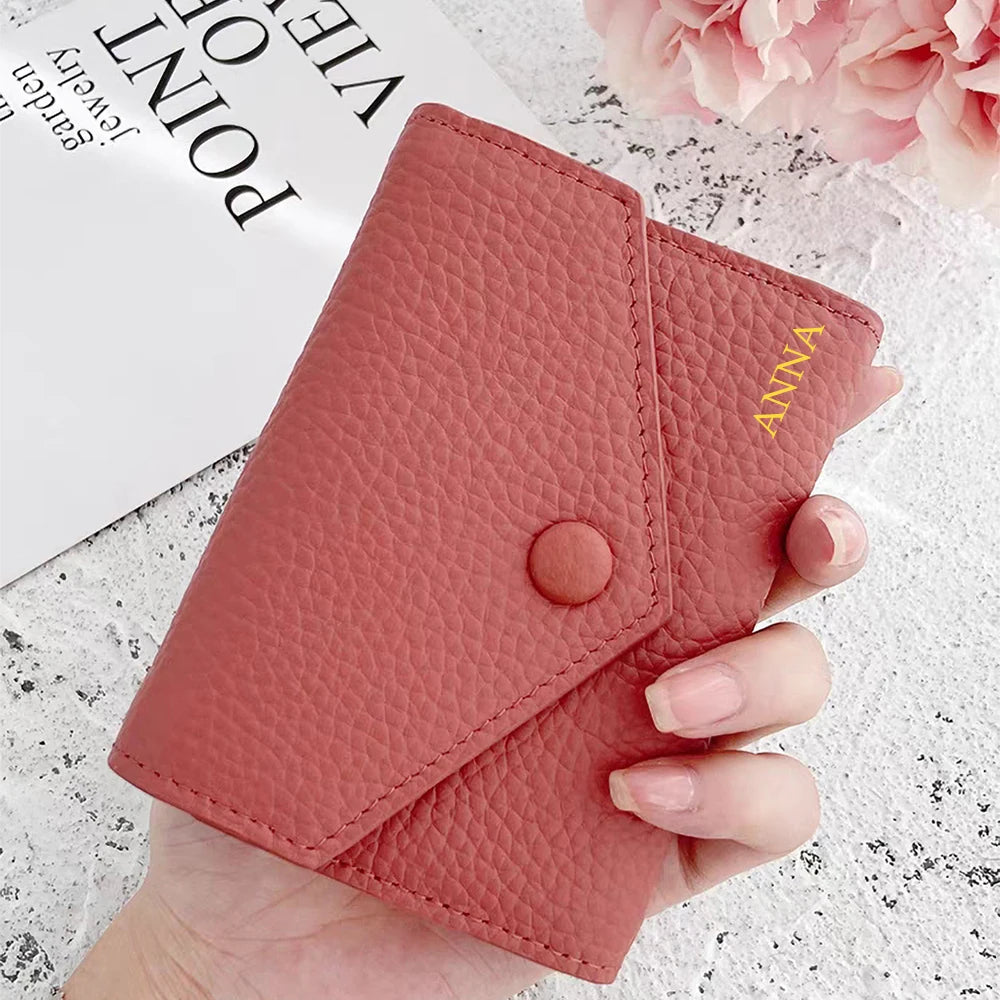 Luxury Designer Woman's Wallet Envelope Folding Coin Purse Custom Name Fashion Card Holder Genuine Leather Cowhide Money Clip