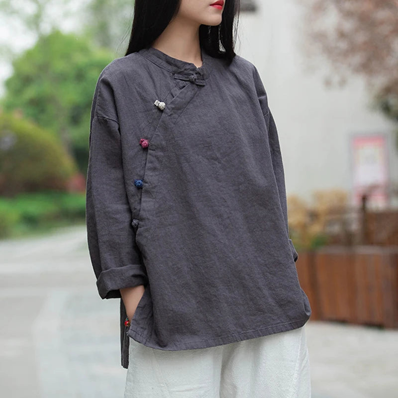 Johnature Women Vintage Cotton Linen Shirts And Tops Stand Long Sleeve 2024 Spring New Chinese Style Button Loose Blouses Shirts