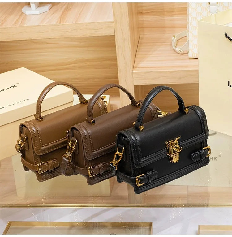 Luxury Women's Genuine Leather Handheld Small Square Bag with Advanced Texture Retro Bag 2024 New Designer One Shoulder Crossbod