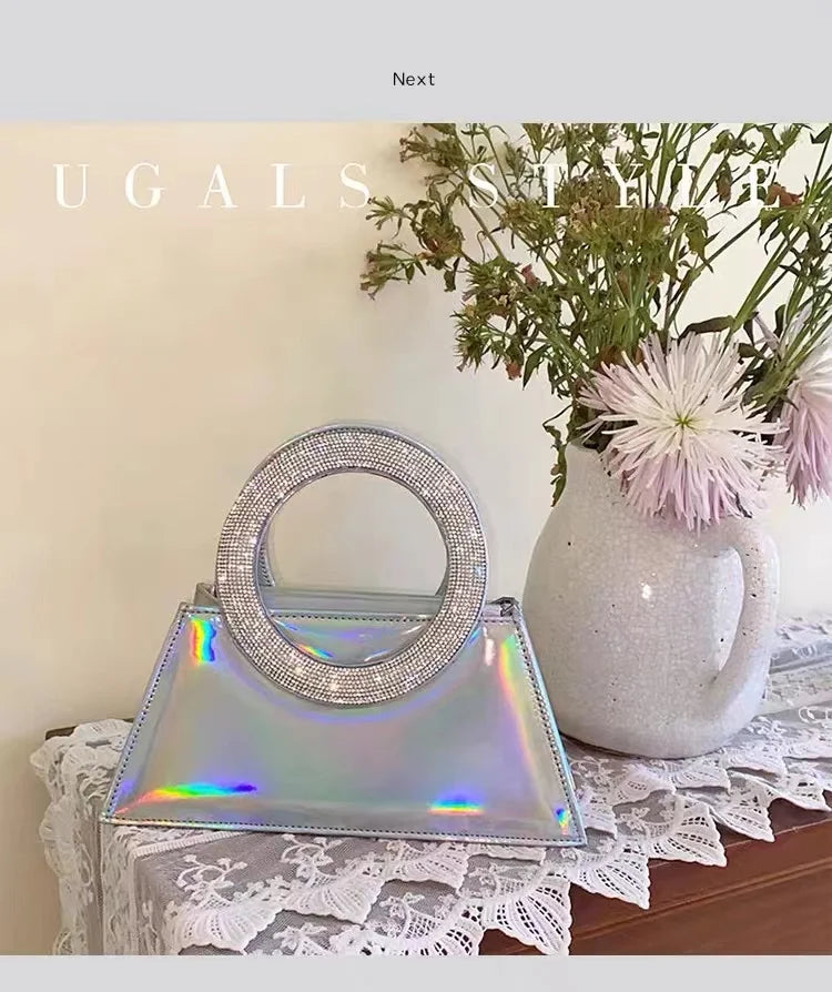 Rainbow Color Square Bag Glitter Shiny Diamond Circular Ring Women Handbag Luxury Fashion Evening Bag Wedding Party Clutch Purse