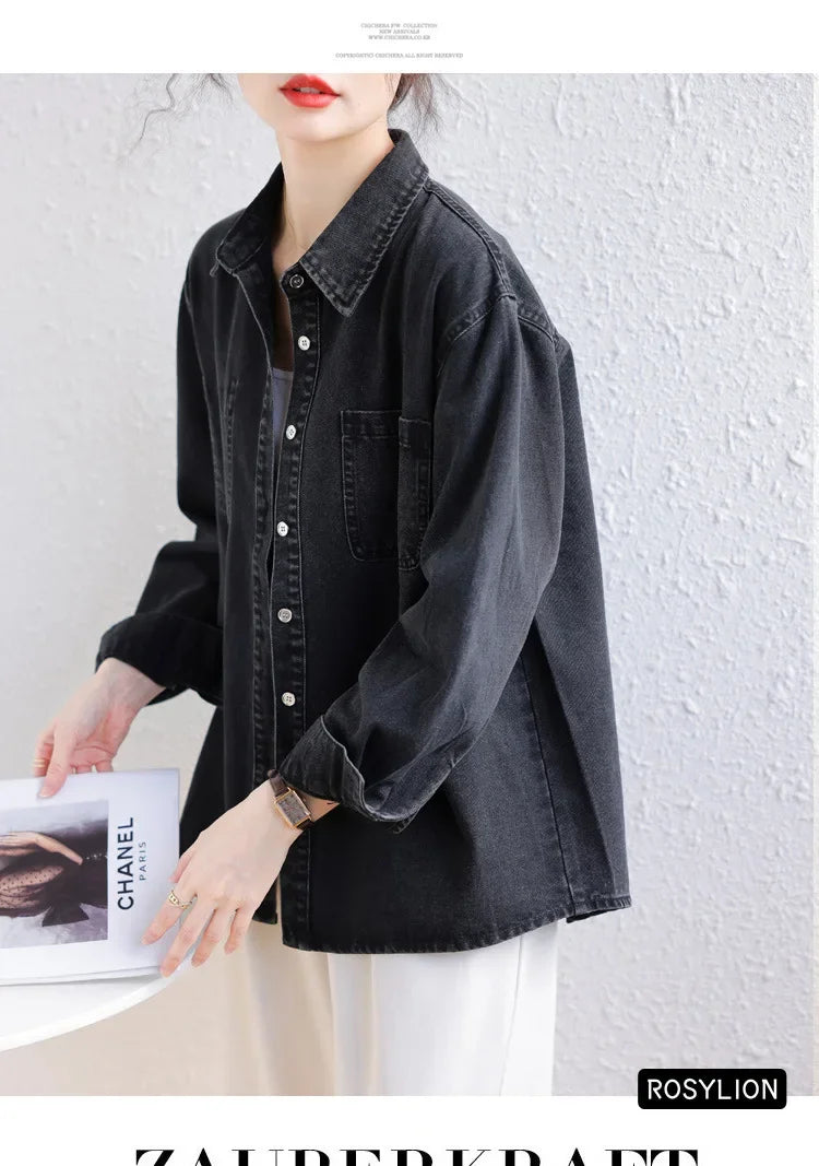 Ladies Black Denim Shirt Women Casual Sun Protection Loose Thin Long-sleeved Cotton Shirt Coat Button Up Top Top Streetwear S-XL