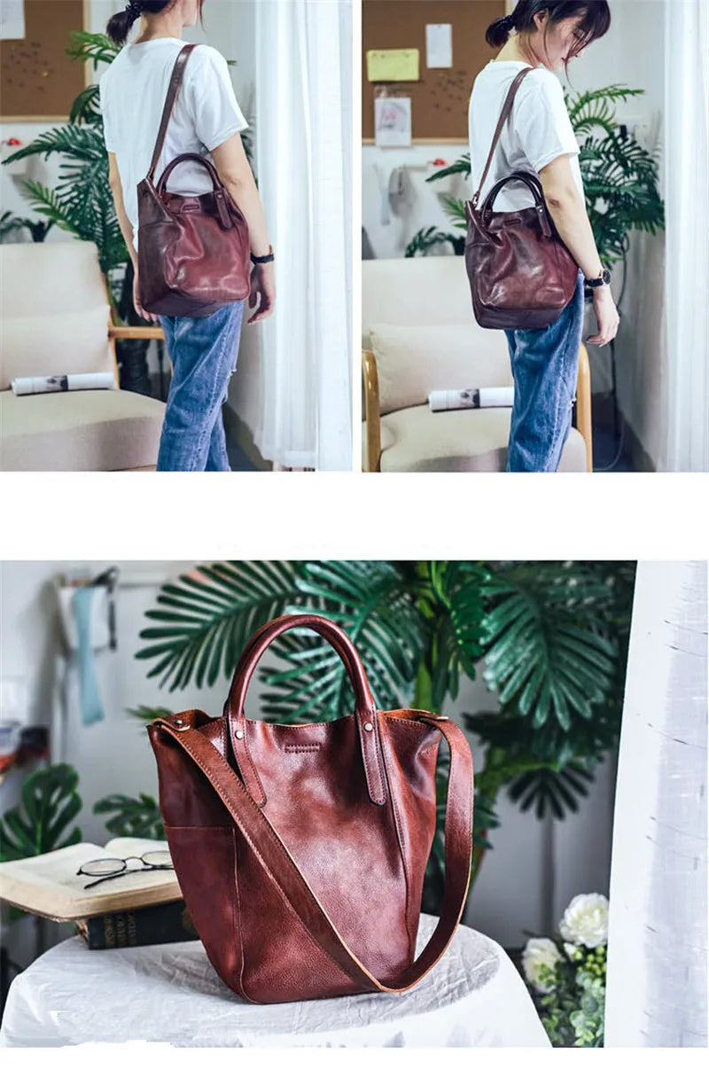 Fashion simple genuine leather women's tote bag designer vintage luxury real cowhide ladies weekend party shopping shoulder bag