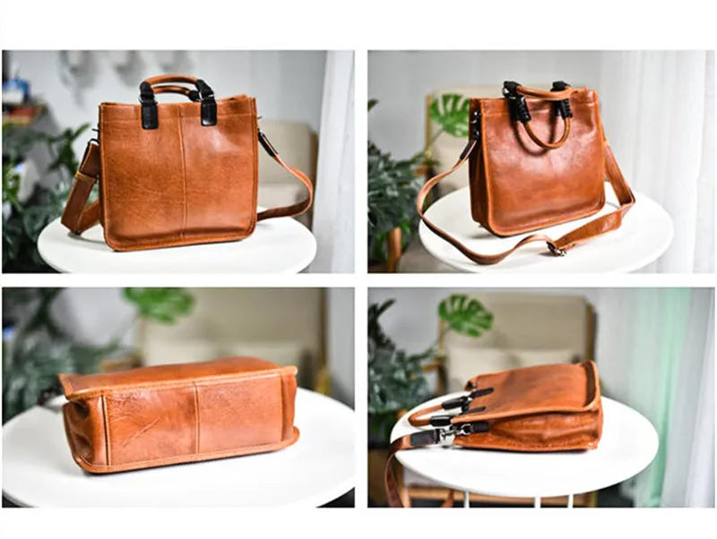 Vintage literary luxury natural genuine leather women's red handbag simple ladies weekend daily party real cowhide shoulder bag