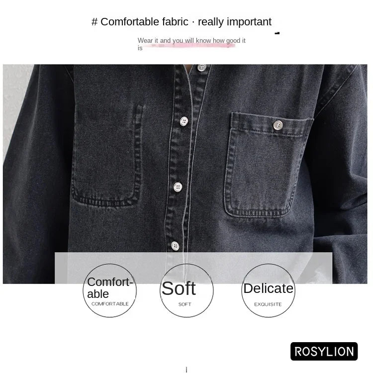 Ladies Black Denim Shirt Women Casual Sun Protection Loose Thin Long-sleeved Cotton Shirt Coat Button Up Top Top Streetwear S-XL