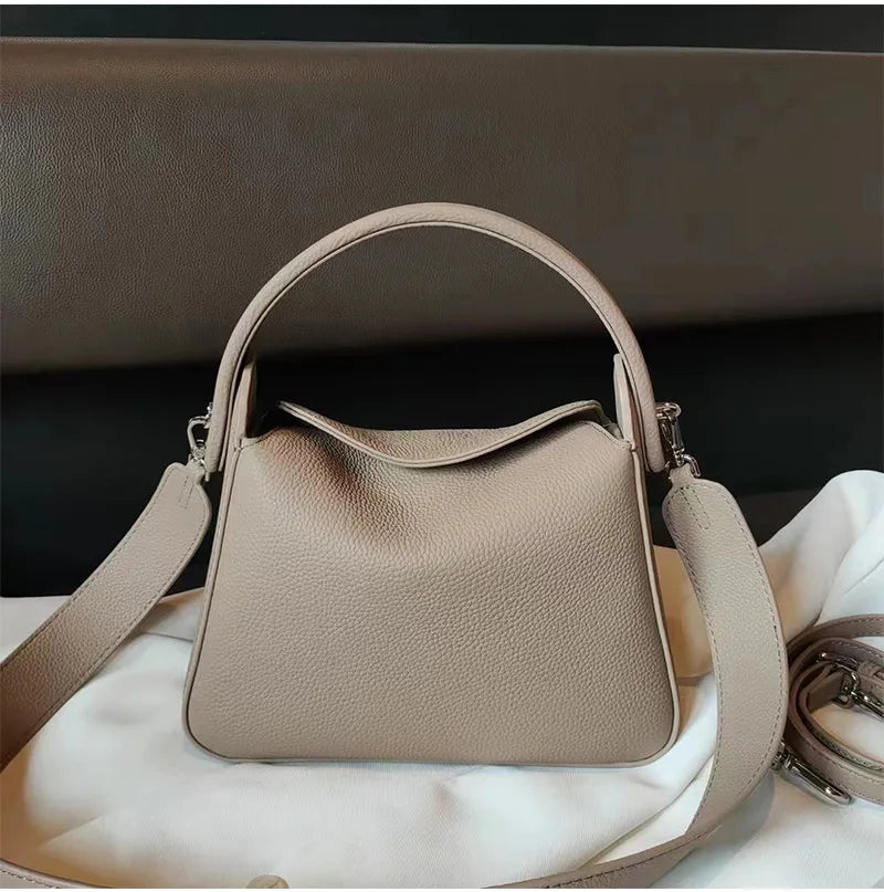 Elegant 100% Natural Togo Cowhide Leather Tote Wide Straps Female Shoulder Bag Grey Black Doctor Bag Luxury Girl Handbag