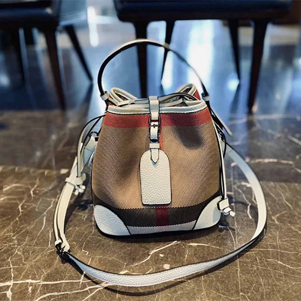 Luxury Plaid Canvas Leather Women‘S Bag Fashion Large Capacity Business Lady Bucket Shoulder Bag Female Drawstring Handbag