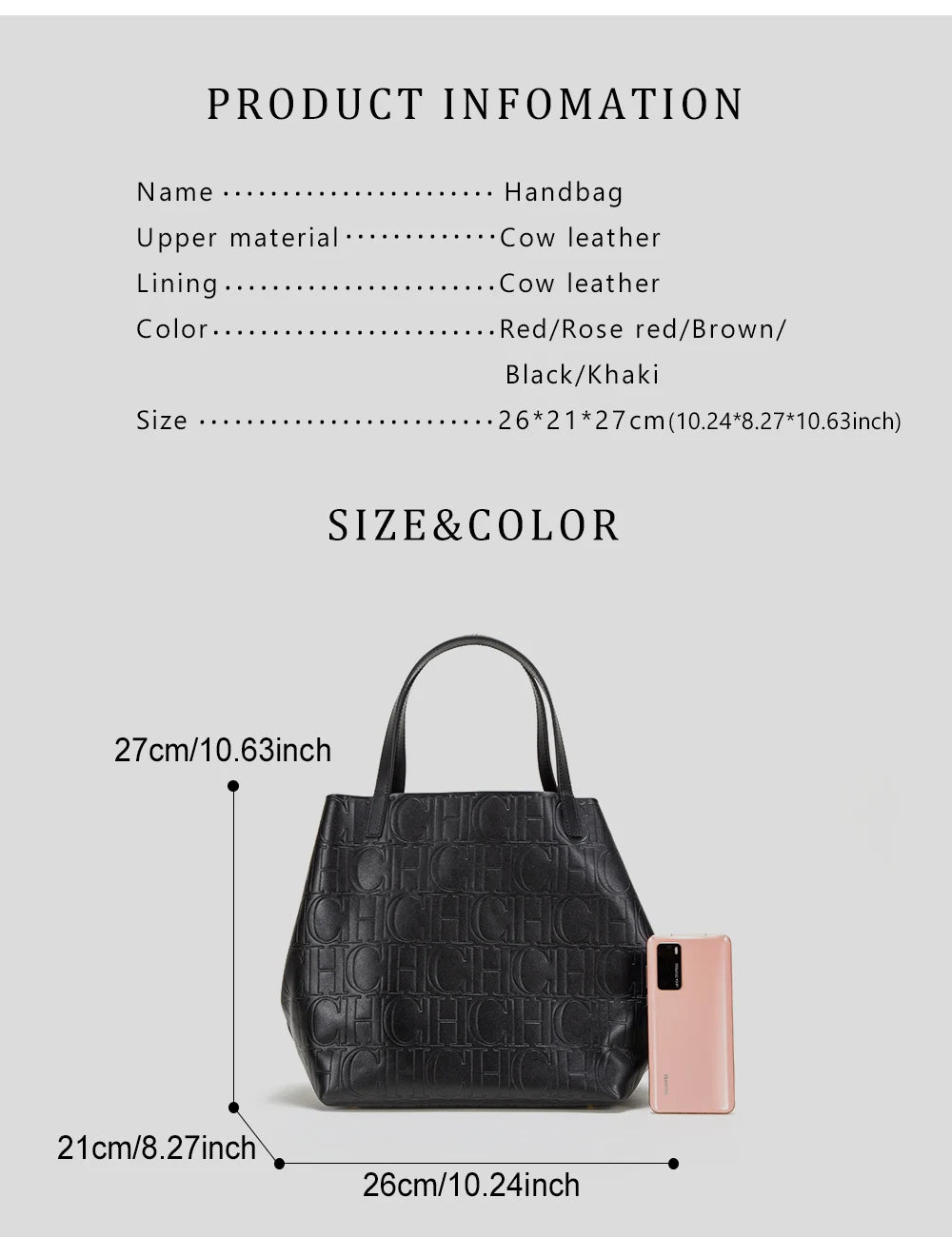 CHCH Women's Handbag Brand Classic Cow Leather Steel Stamped Large Capacity Tote Bag Business Commuter Shopping Bag