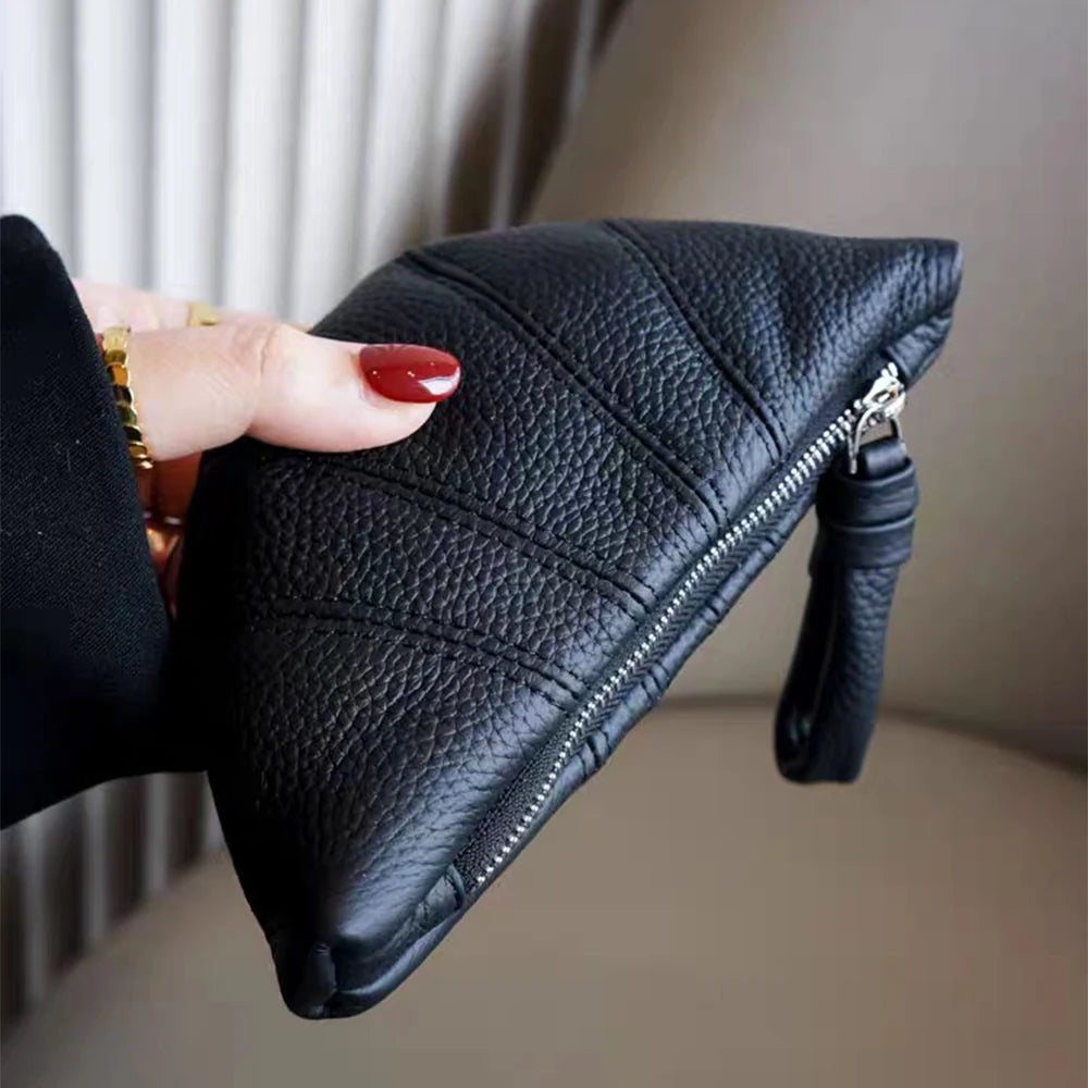 Luxury Genuine Leather Coin Purse Woman Croissant Portable Zip Clutch Bags Cowhide Card Wallet Key Lipstick Cosmetic Storage Bag