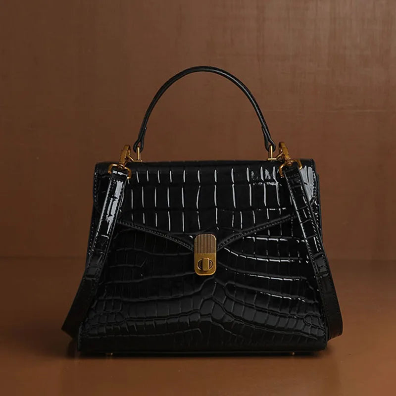 Luxury Handheld Cowhide Crocodile Pattern Bag for Women's Genuine Leather Bag 2024 Autumn New High Fashion Women's Bag