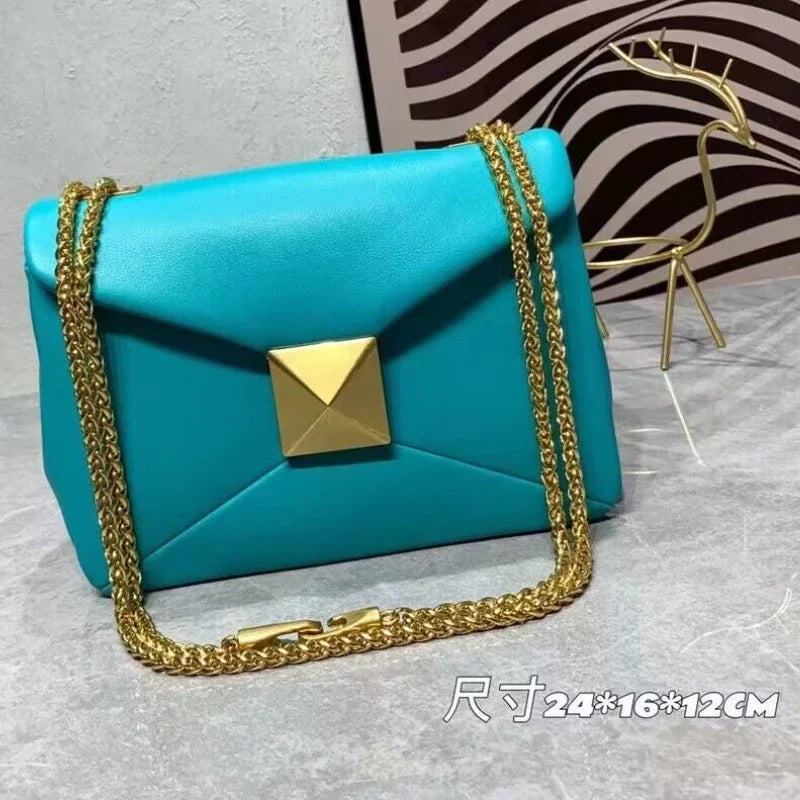 Women's Luxury Designer Handbag Top Quality Genuine Leather Large Rivet Crossbody Shoulder Bag Fashion Chain Square Bag Female