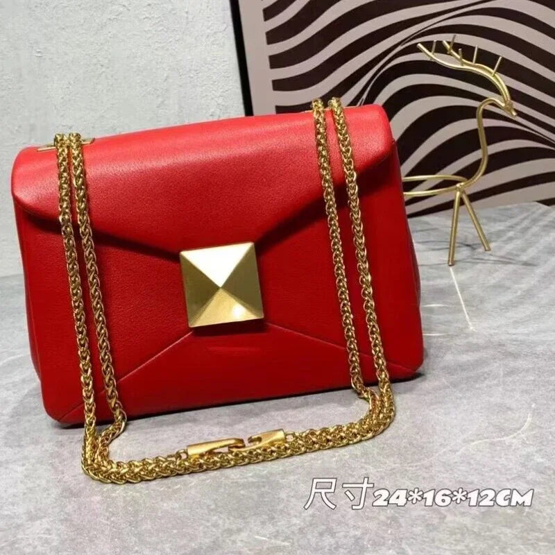 Women's Luxury Designer Handbag Top Quality Genuine Leather Large Rivet Crossbody Shoulder Bag Fashion Chain Square Bag Female