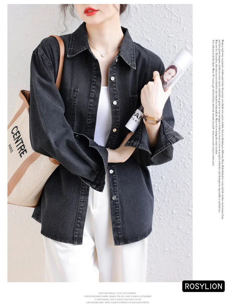 Ladies Black Denim Shirt Women Casual Sun Protection Loose Thin Long-sleeved Cotton Shirt Coat Button Up Top Top Streetwear S-XL