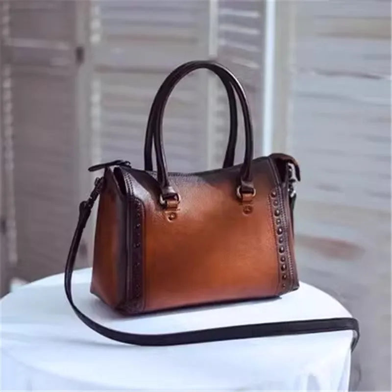 PNDME Simple Vintage Genuine Leather Ladies Handbag Weekend Outdoor Designer Handmade Luxury Real Cowhide Shoulder Crossbody Bag