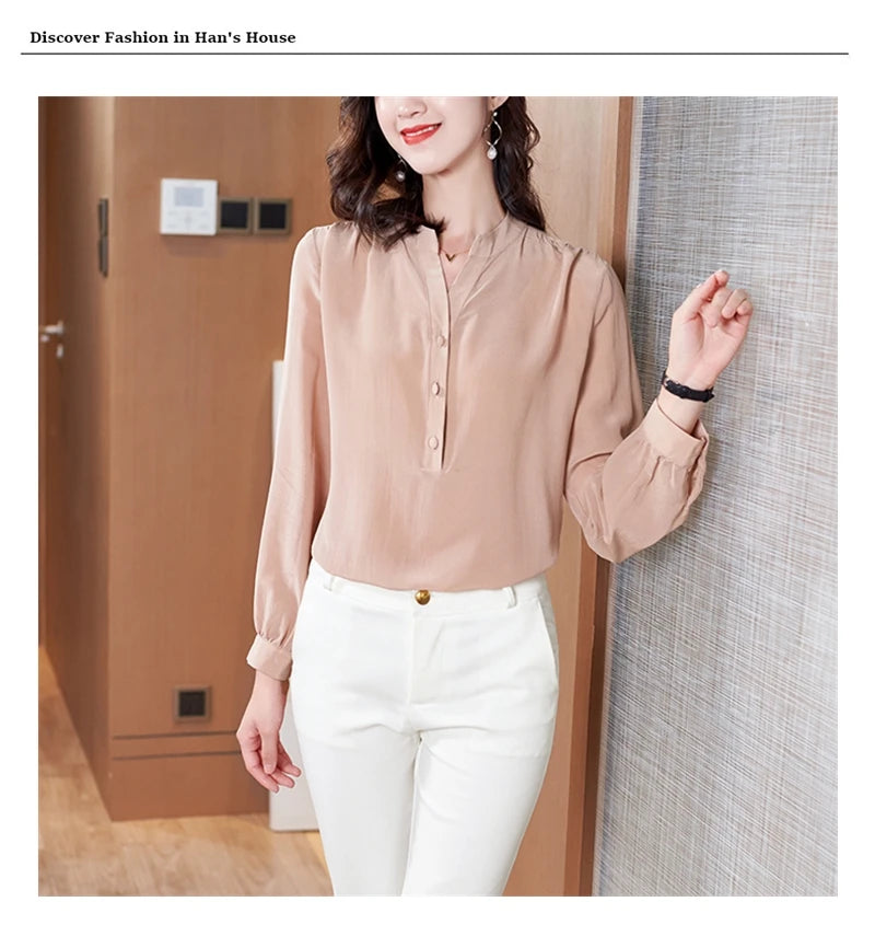 100% Silk Blouse Women Shirt Solid V Neck Long Sleeve  Casual Simple Top Elegant Style New Fashion