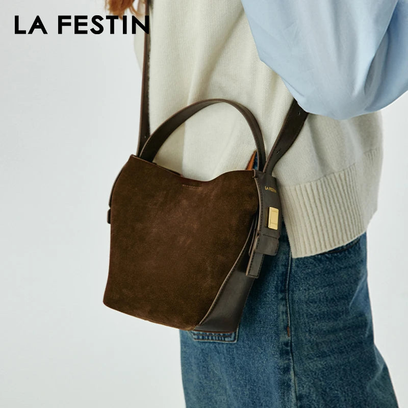 LA FESTIN Original 2024 New Handbags Women Suede Leather Bag Luxury Brand Bucket Bag Fashion Shoulder Bag Crossboby Bag