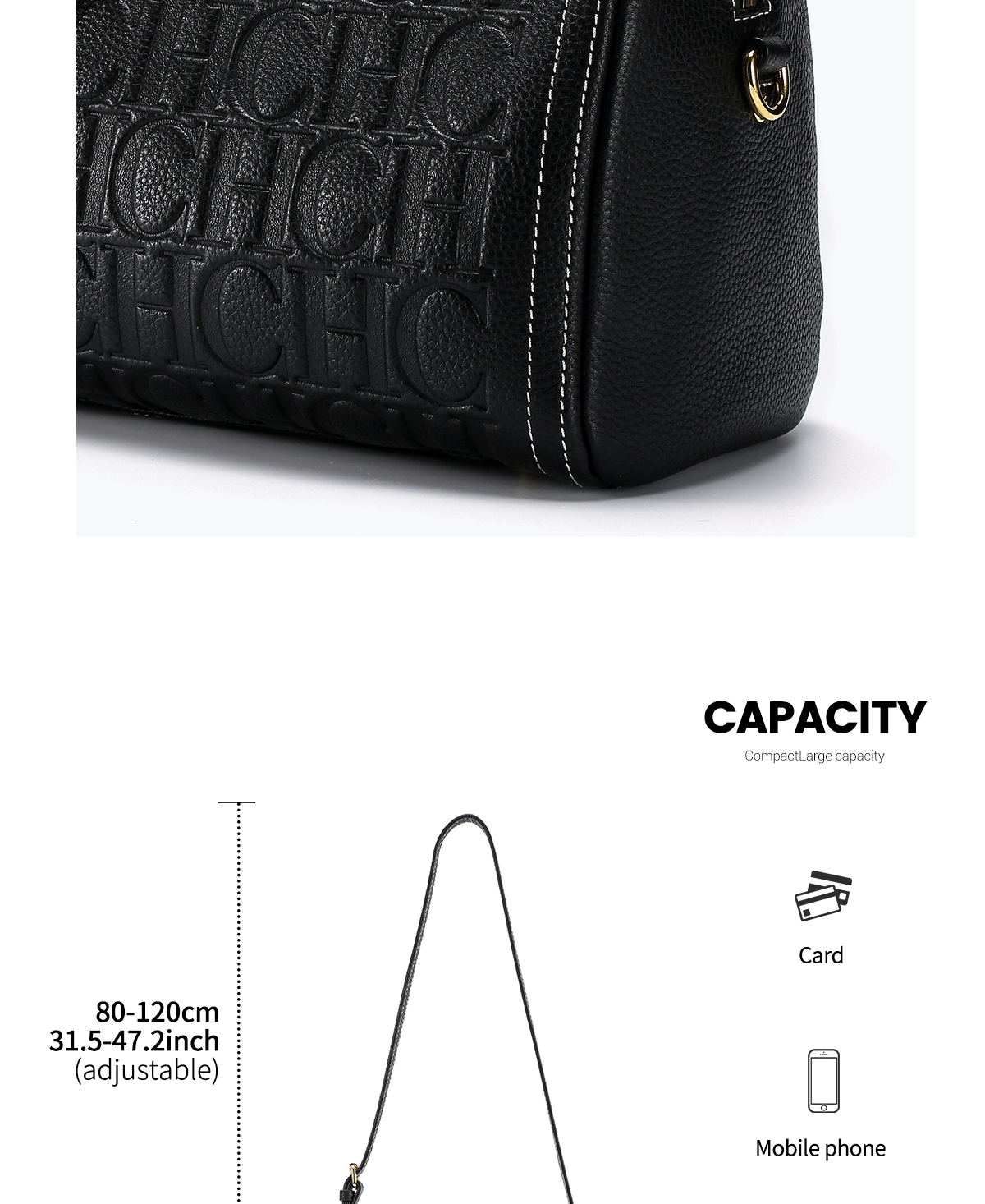 CHCH Women's Shoulder Bag 2024 New Black Cow Leather Letter Embossed Zipper Tote Bag 26*14.5*18cm