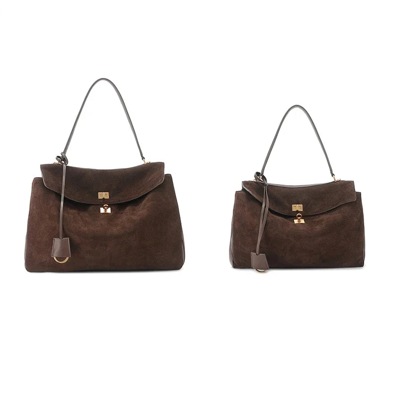 2024 Winter Fashion Gold Buckle Women Handbags Genuine Leather Brown Suede Women Shoulder Bags Luxury Brand Rodeo Women Totes