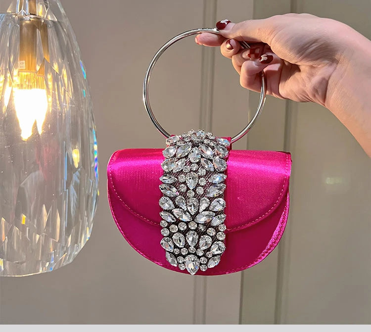 Women Glittering Crystal Satin Handbags Designer Luxury Diamond Pink Evening Diamonds Ring Clutch Purses Wedding Party Trendy