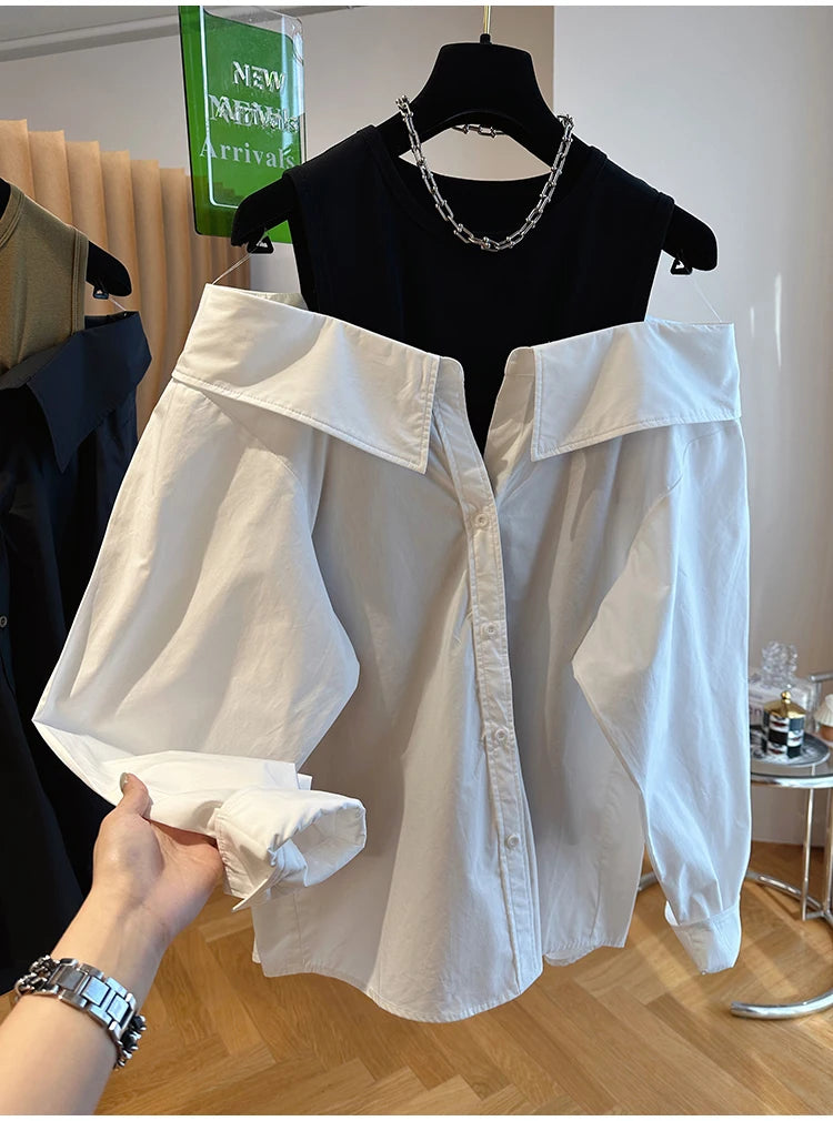 Off Shoulder Design Loose Vest Sexy Patchwork Y2k Long Sleeve Shirt Fake Two Piece Top Blusas Mujer Casual Blouse Shirts Coat