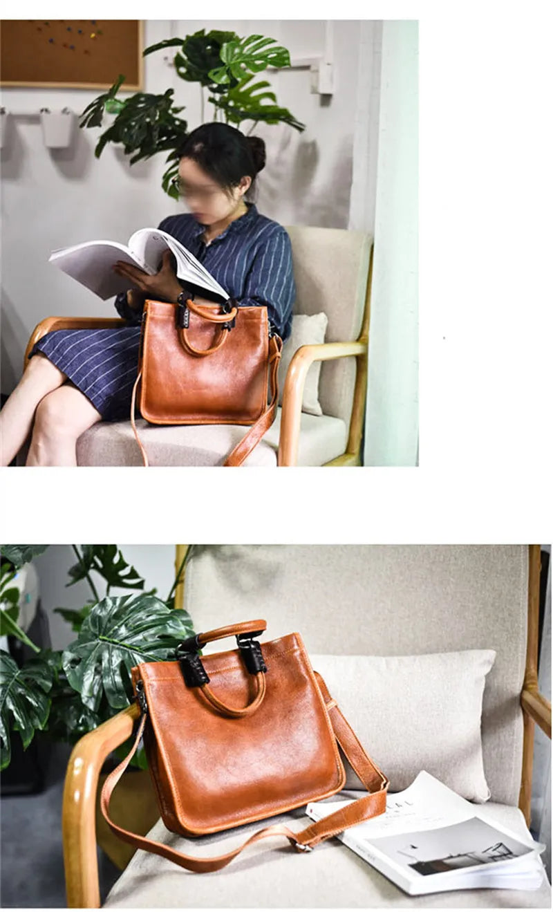 Vintage literary luxury natural genuine leather women's red handbag simple ladies weekend daily party real cowhide shoulder bag