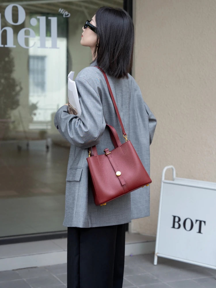 Elegant Wearing Burgundy Color Multi-compartments Tote Natural Cow Leather Women Shoulder Bag Soft Cowskin Female Handbag