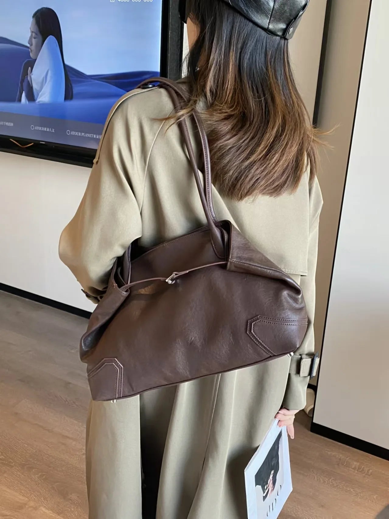 First Layer Cow Leather Female Tote Beige Coffee Luxury Design Long-handle Handbag Practical and Durable Armpit Shoulder Bag