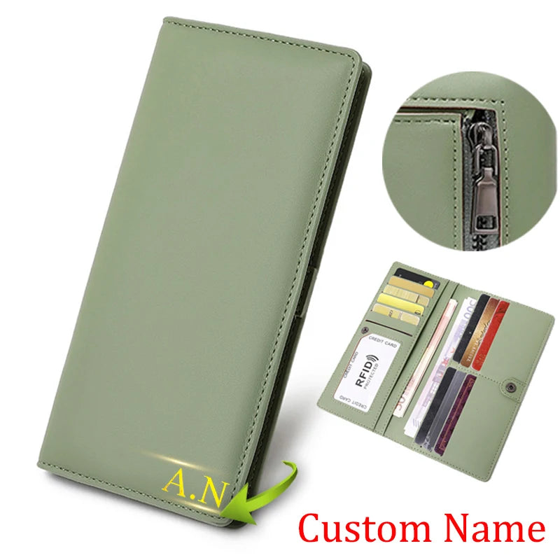 Custom Gold Name Long Women Wallets Rfid Solid Color Hasp Female Wallet Card Holder Luxury Women'S Purses Coin Pocket