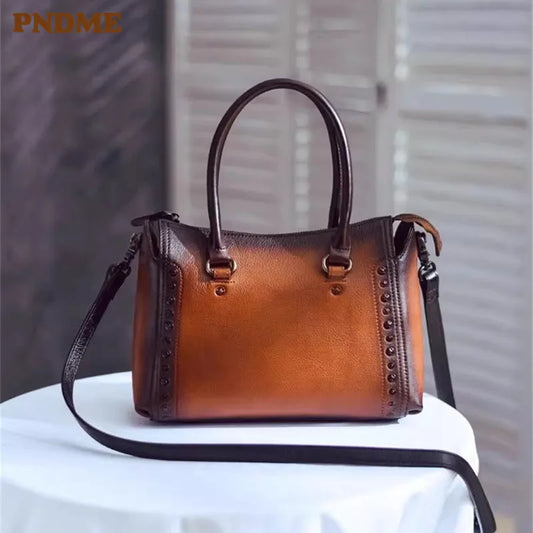 PNDME Simple Vintage Genuine Leather Ladies Handbag Weekend Outdoor Designer Handmade Luxury Real Cowhide Shoulder Crossbody Bag