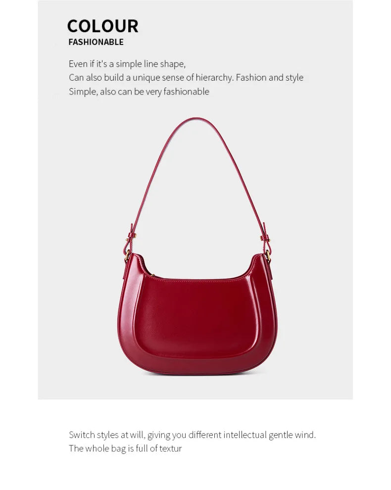 Genuine leather red shoulder bag woman minimalist crossbody bag cowhide handbags female luxury bag armpit bag saddle bag