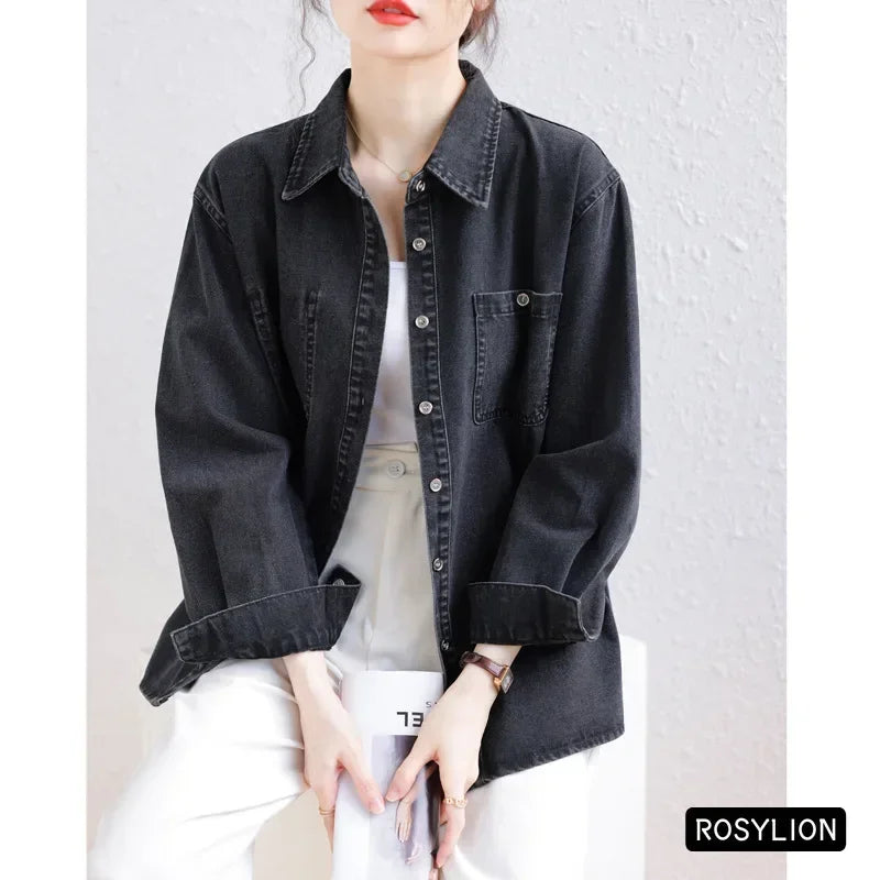 Ladies Black Denim Shirt Women Casual Sun Protection Loose Thin Long-sleeved Cotton Shirt Coat Button Up Top Top Streetwear S-XL