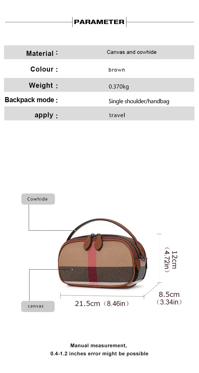 Aidrani  Checkered women's single shoulder crossbody bag, made of canvas cowhide material, round, brown