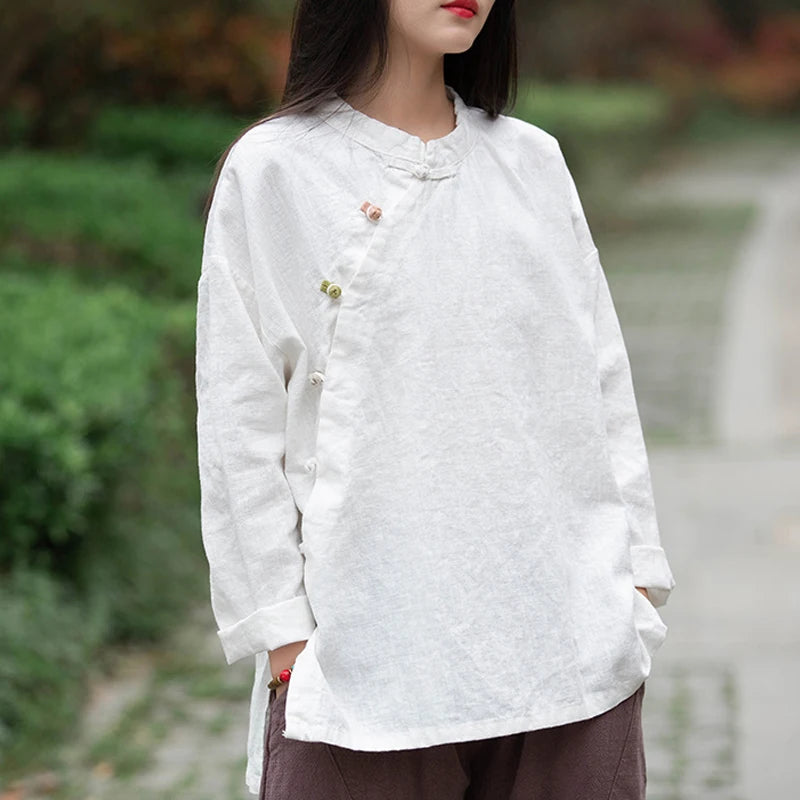 Johnature Women Vintage Cotton Linen Shirts And Tops Stand Long Sleeve 2024 Spring New Chinese Style Button Loose Blouses Shirts