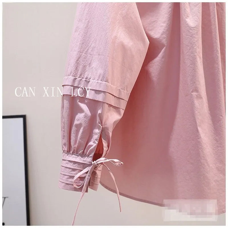 Design Pleated Lace up Long Sleeve Pink Cotton Shirt Women Spring Summer Korean Loose Solid Blouse Chic Elegant Casual Pink Top