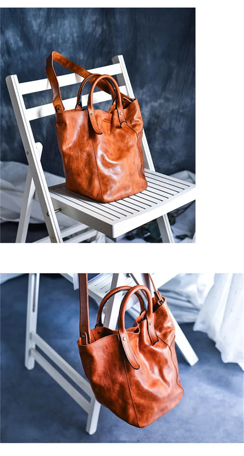 Fashion simple genuine leather women's tote bag designer vintage luxury real cowhide ladies weekend party shopping shoulder bag